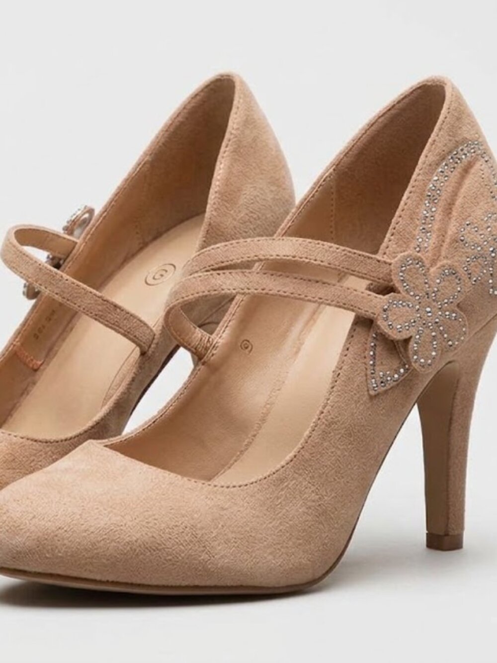 Mila Lady Tan Suede Rhinestone Floral Strappy Heels Size 9